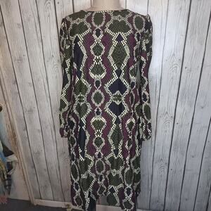 Jude Connally Snakeskin Print Long Sleeve Shift Dress Purple Green Size Large